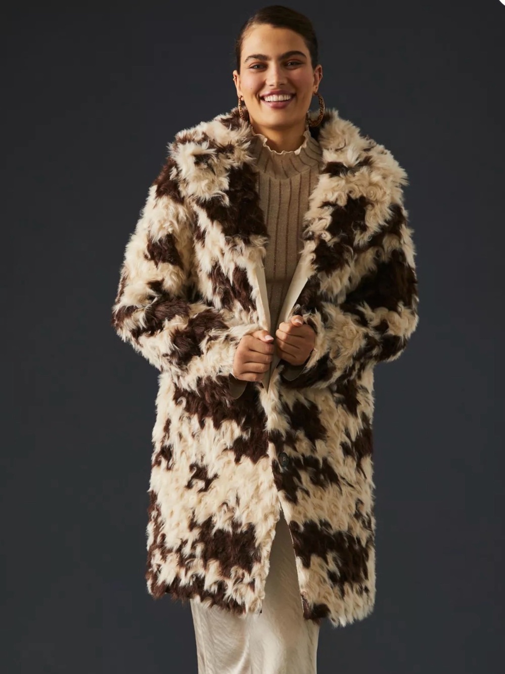 Anthropologie Faux Fur Cow Print Jacket in Brown & Cream Medium
